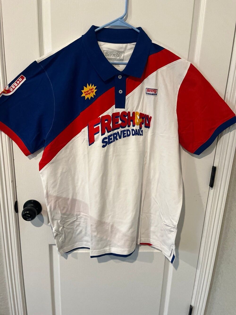 Born Fly “Freshly Served Daily” Polo Shirt White/Red/Blue Size 3XL NEW w/ Tags
